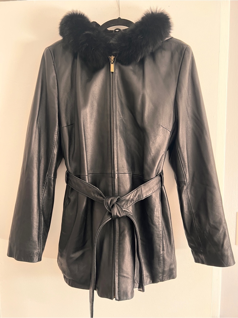Marvin Richards Black Leather Belted Jacket with Fur Trim Collar
